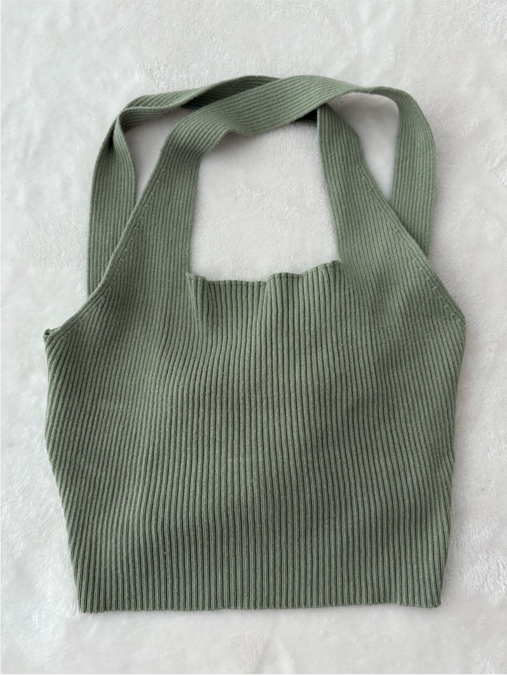 Ribbed Knit Tank Top in Sage Green Open Back with Tie